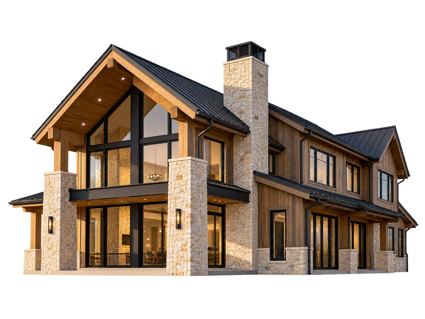 Concept illustration of a mountain-modern home with a dark pitched metal roof.